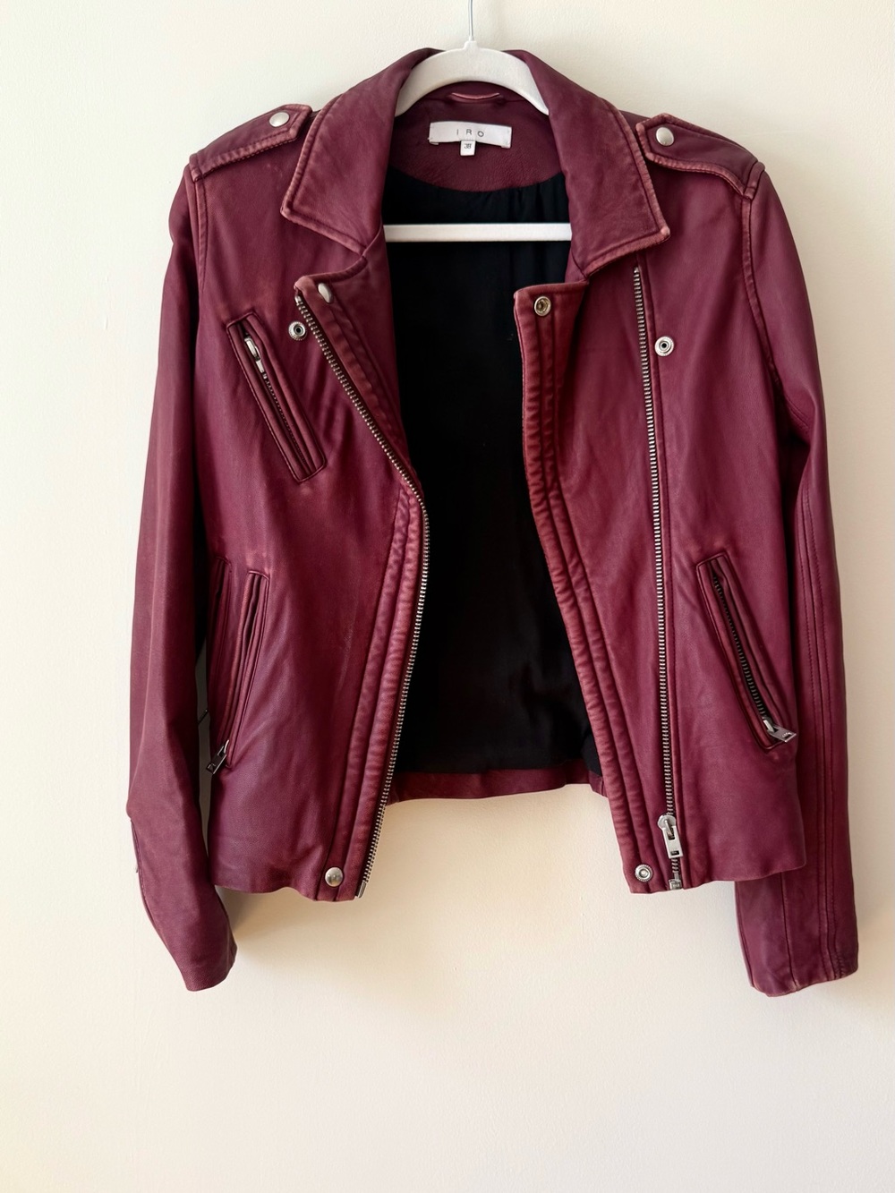 IRO HAN Burgundy Lamb Leather Moto Jacket Size 38